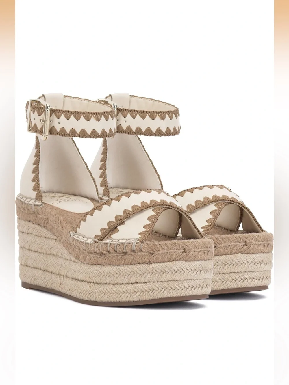 NWT Vince Camuto Cream and Tan Espadrille Platform Wedge Sandal Treyenn size 11
